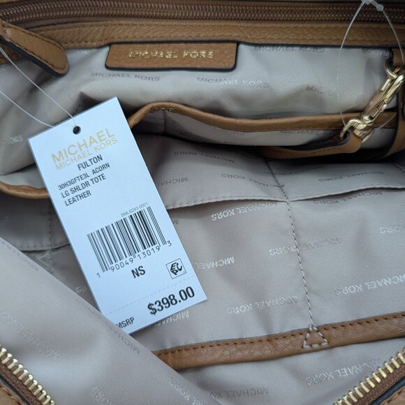 NWT Michael Kors "Fulton" Large Leather Shoulder Tote in Color Acorn. - Picture 6 of 10